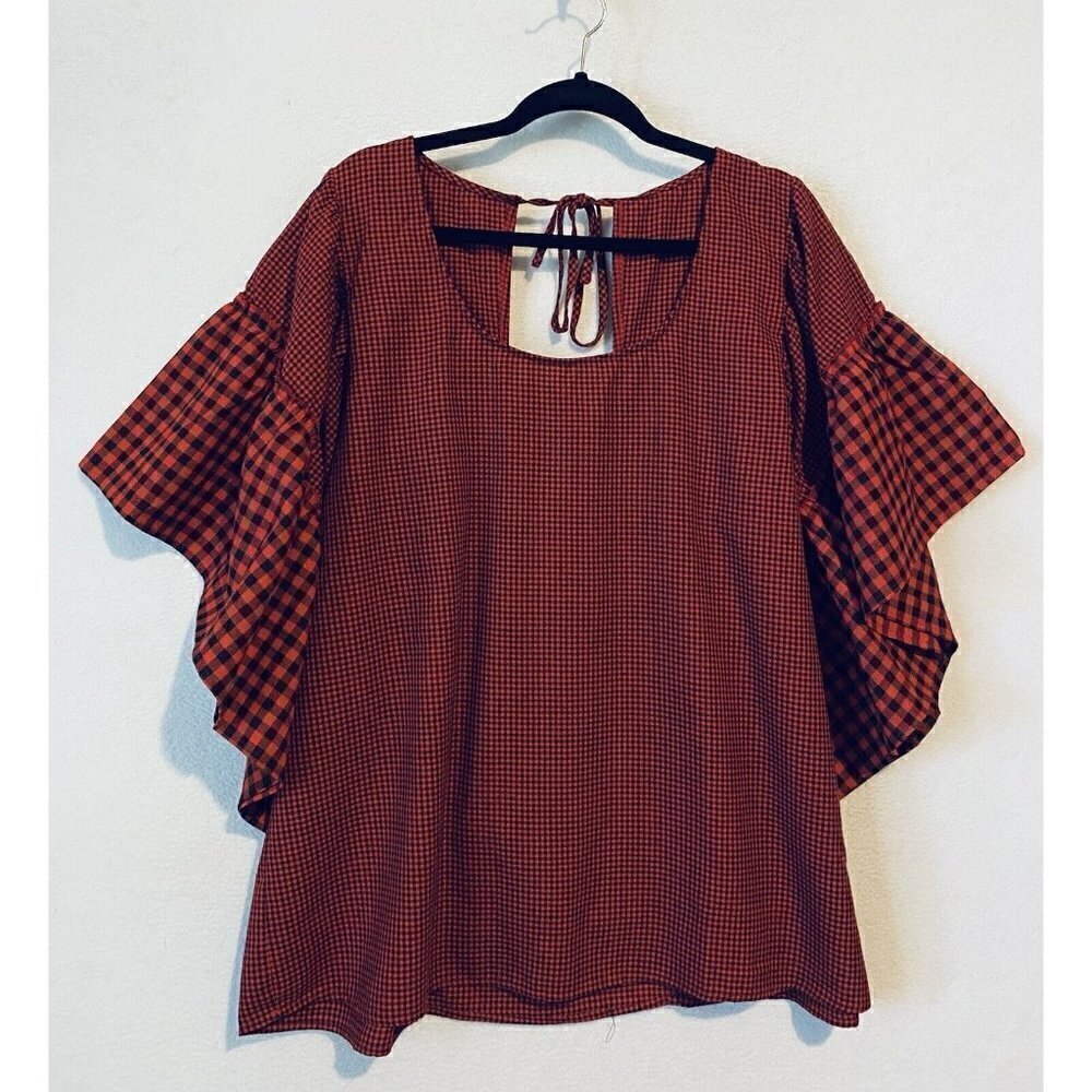 Weekend Suzanne Betro Top Womens 2X Red Black Gingham Ruffle Flutter Sleeve Boho